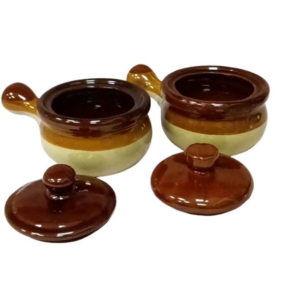 Vintage Tri-Tone Stoneware Lidded French Onion Soup Pots & Handle Set of 2 - Picture 3 of 8